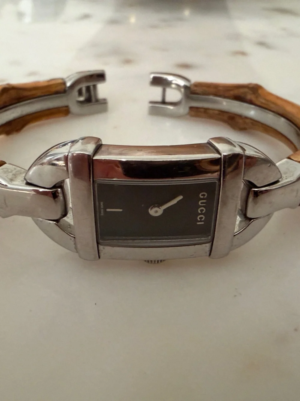 Gucci Vintage Silver Case Watch with Bamboo-Accent Bracelet